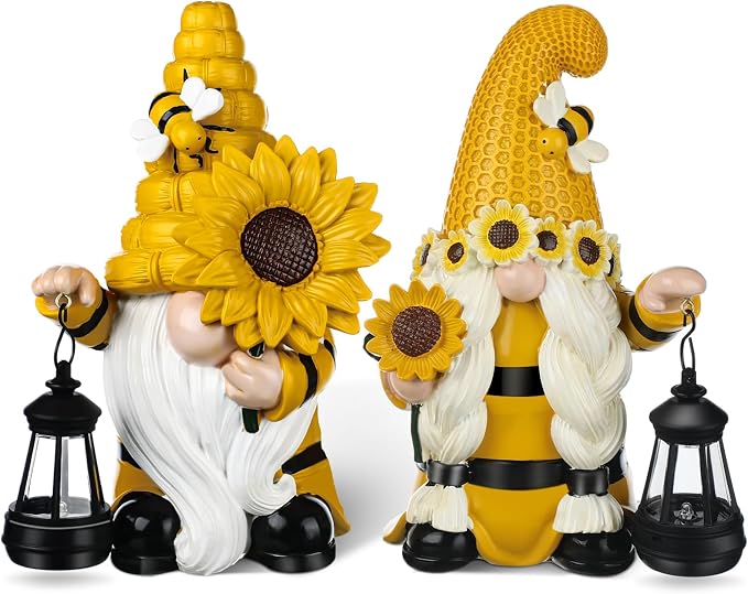 Suzile 2 Pack Sunflower Bee Gnome 9.4 Inch Garden Outdoor Statue Solar with Lantern Lights Gnomes Gifts for Women Outside Sunflower Bee Figurine for Yard Courtyard Lawn Patio Porch Decor