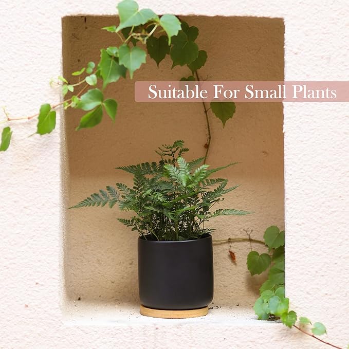 4 Inch Ceramic Plant Pots with Saucer, Black Pot with Drainage Hole | Flower Planter, with Mesh Pads, for Herbs Cactus, Home Decor, Set of 2, Plants Not Included