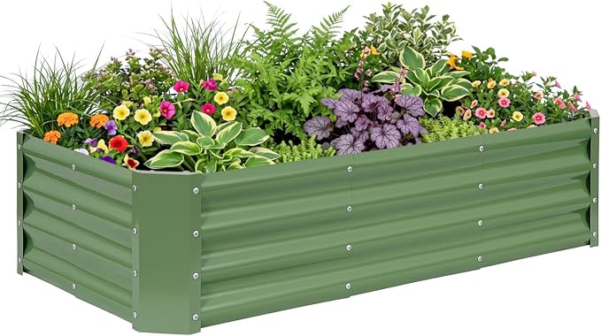Galvanized Raised Garden Bed - 4x2x1ft Metal Garden Planter Box Outdoor | Steel Raised Bed Kit with Bracing Rods, Gloves for Gardening Vegetables Fruits and Flowers (Oliver Green)