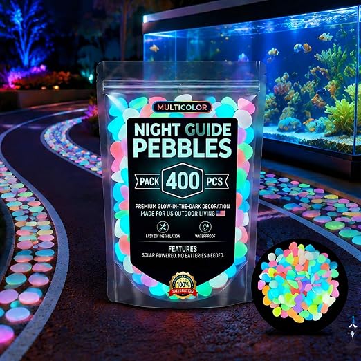 Glow in the Dark Rocks Outdoors, Decorative Night Guide Pebbles for Landscaping & Garden Pathway, Colored Glow Stonesfor Fish Tank, Aquarium Decor & Planters, Luminous Stones for Vases (400, Multi)