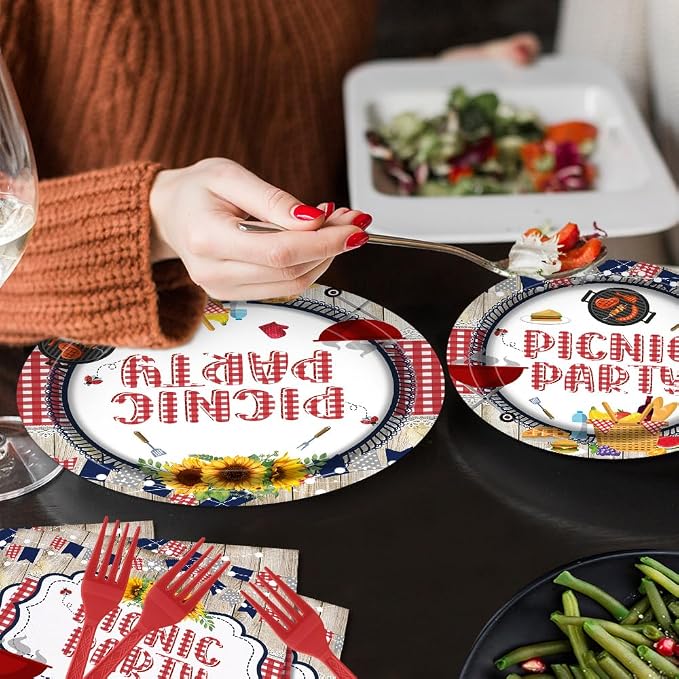 Picnic Party Tableware Set 96 Pcs Disposable Plates Napkins Forks BBQ Birthday Brunch Red White Checkered Sunflower Outdoor Party Decorations Serve 24 Guests