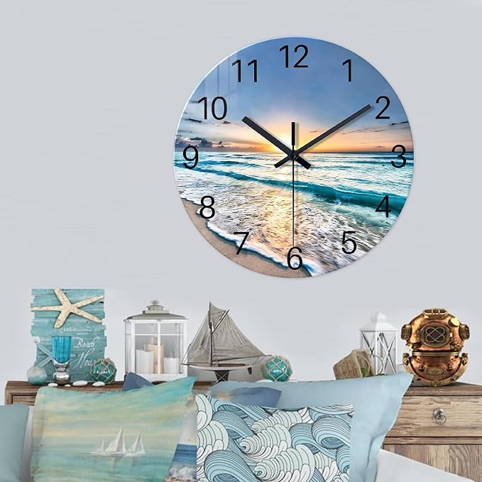 Extra Large Glass Battery Wall Clock 24 Inch | Blue Beach Clocks for Living Room Bedroom Office Decor Round Quite Wall Clock Non Ticking