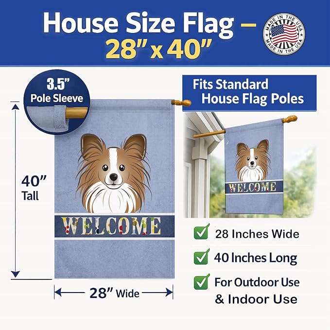 Caroline's Treasures BB1434CHF Papillon Welcome House Flag, Blue Large Porch Sleeve Pole Decorative Outside Yard Banner Artwork Wall Hanging, Polyester, House Size, Multicolor