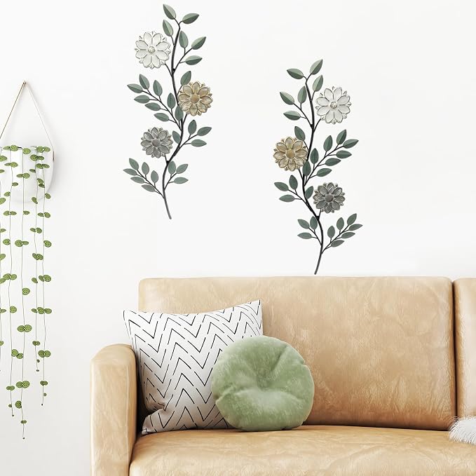 2 Pcs Metal Flower Leaves Wall Art Spring Wall Decor Living Room, 15.75 Inch Vintage Rustic Branch Leaf Wrought Iron Scroll Art Decor for Summer Bedroom Indoor Outdoor Decorations(Green)