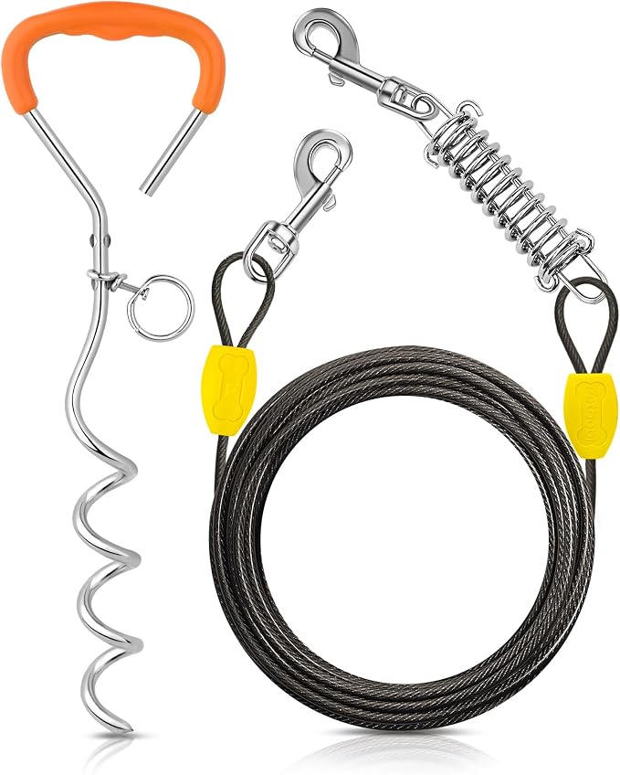 Petbobi Dog Tie-Out Cable and Stake - 10ft Heavy Duty Cable with Spring, No Tangle, 16in Ground Stake, Ideal for Outdoor Yard, Camping, Suitable for Small Medium Large Dogs Up to 120 lbs, Black