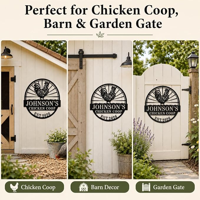 Personalized Chicken Coop Metal Sign Custom Farmhouse Name Plaque with Rooster Sunburst, Outdoor Hen House Wall Decor for Backyard Farmers and Chicken Lovers