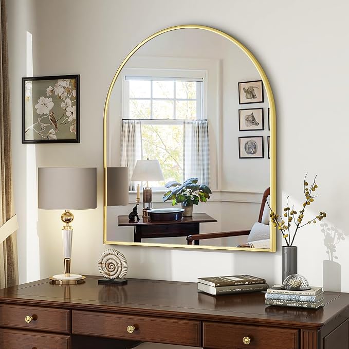Arched Wall Mirror, 26 x 28 inch Arch Bathroom Mirror, Wall Mounted Vanity Mirror with Arch Metal Frame, Modern Bathroom Vanity Mirror for Bedroom, Living Room, Hanging or Leaning, Gold