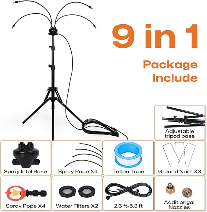 Standing Misters for Outside Patio Cooling, 5.3 FT Adjustable Stand Misting System, 4 Brass Nozzles + 4 Extra Heads, Thickened Base Portable Water Mister for Garden, Deck, Poolside