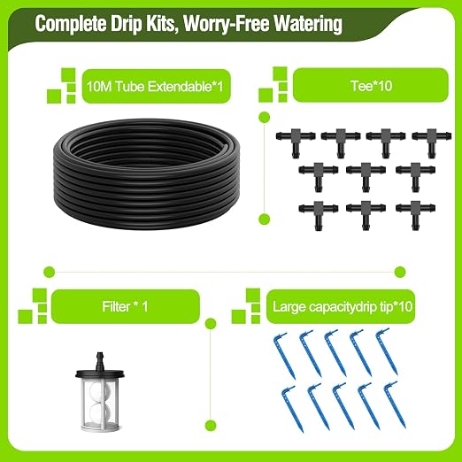 Automatic Drip Irrigation Kit System - 33FT Tubing, Filter, 10 Tee Fittings & 10 Drippers for Potted Plants