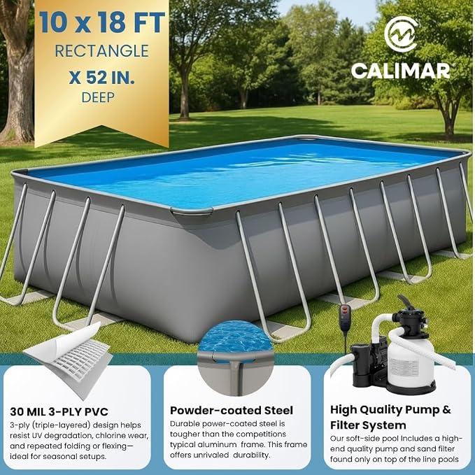 CaliFun Soft Sided Frame Pool Durable and Spacious Above Ground Pool Package with Highend Pump and Filter Equipment Set, Heavy-Duty 30 Mil Liner (10' x 18' Rectangle)