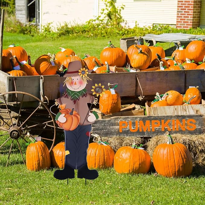 YEAHOME Fall Decorations Outdoor, Metal Boy Scarecrow Garden Stakes with Pumpkin & Sunflower for Fall Decor, Scarecrow Yard Signs for Outside Garden Lawn Porch Thanksgiving Decorations Outdoor