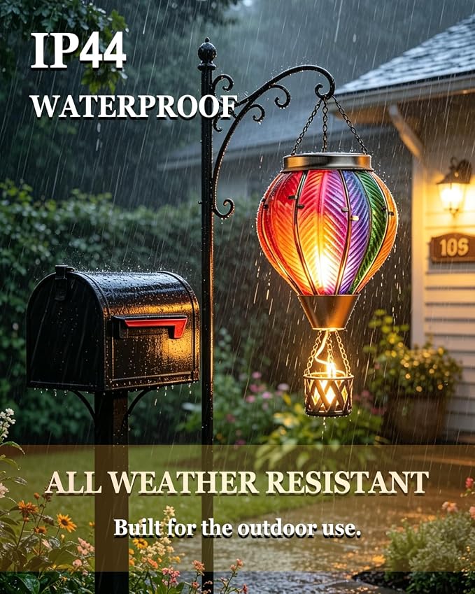 Larekook Rainbow Solar Hot Air Balloon Lantern with Flickering Flame Light,Glass Outdoor Garden Decor,Hot Air Balloon Solar Lantern Outdoor Waterproof Hanging Light for Yard Patio Porch Lawn