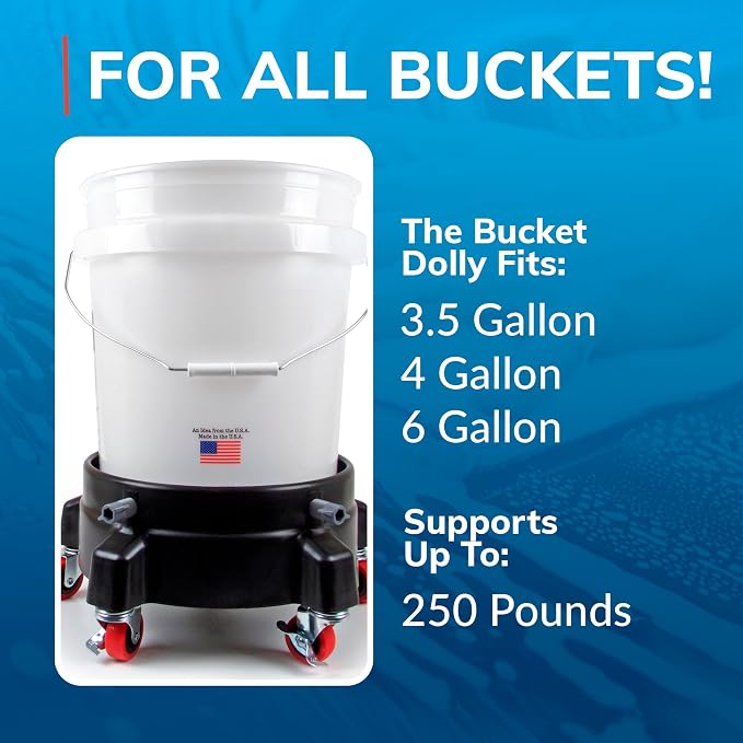 GRIT GUARD Bucket Dolly with Wheels - Rolling Detailing Wash Bucket with 5 Wheels and 2 Locking Casters Compatible with 2.5, 4, 5 and 6 Gallon Buckets (Blue, 2" Red Casters) - Made in the USA
