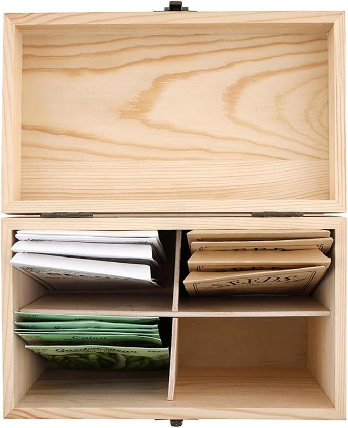 Santa Barbara Design Studio Seed Storage Box with 4 Dividers Wooden Storage Organizer, 7.75" x 4.5" x 5.5", Live Love Grow