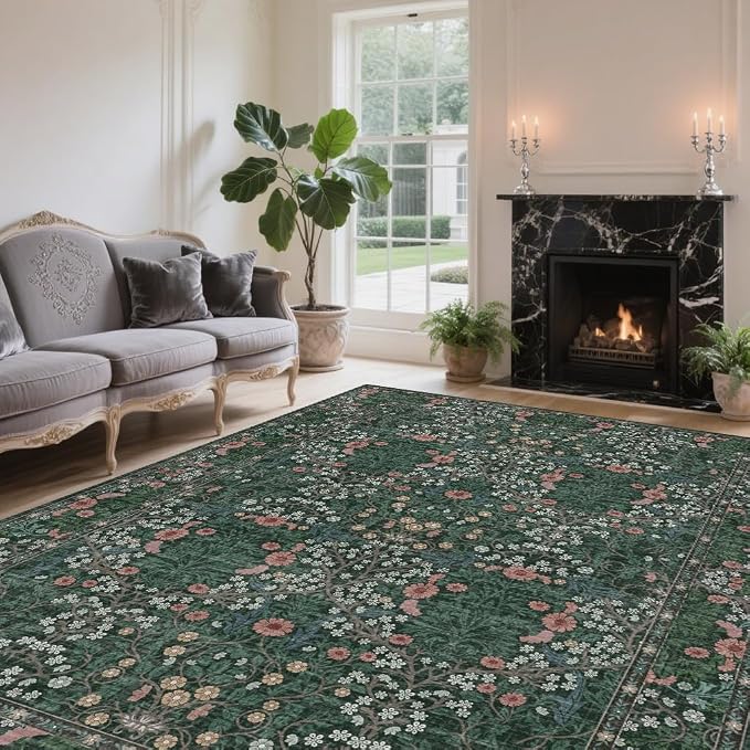 Vintage Green Living Room Rug, 5x7 Washable Area Rugs for Dining Room Under Table, Soft Low Pile Large Carpet Bedroom, Non-Slip Boho Floral (5 x 7 Green)