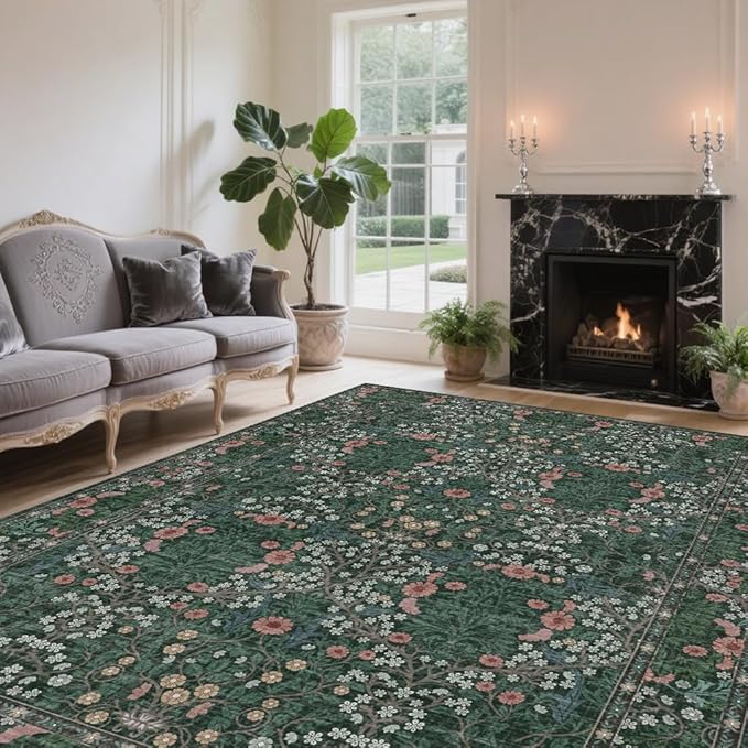 Area Rug for Living Room, 10x12 Large Washable Rugs for Dining Room, Bedroom, Non Slip Stain Resistant Carpet, Low Pile Vintage Floral Rug (Green)