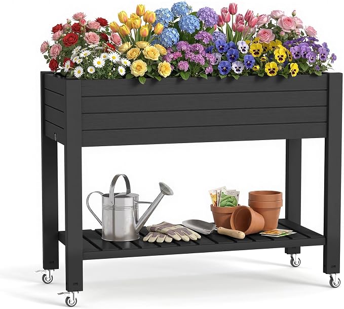 Vixzen Raised Garden Bed Outdoor,Reinforced Large Planter Box with Wheels & Storage Shelf,Mobile Planter Bed Box for Backyard, Patio, Balcony (Black, 21Gal（43.31"×17.72"×33.66"）)