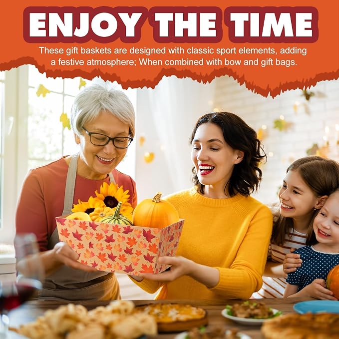 Qinyoung 12 Pcs Fall Basket for Gifts Empty 9.8 x 6.5'' Maple Leaves Gift Basket Empty to Fill with Handles, Bows, Plastic Bags and Twist Ties for Autumn Thanksgiving Party Favor Supplies