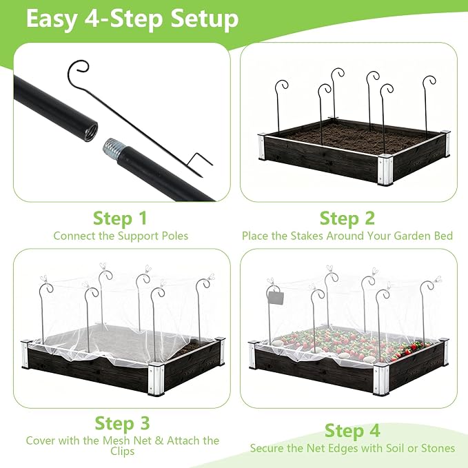 Garden Netting Kit for Raised Beds, 10 x 13 FT Ultra Fine Insect Mesh with 8 Upgraded Hook-Top Stakes & 20 Clips, Plant Cover for Vegetables, Fruits & Pest Protection