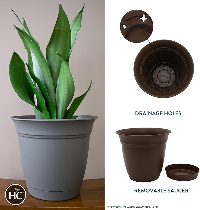 The HC Companies Eclipse Round Planter with Saucer - Outdoor & Indoor Plant Pot with Drainage Holes - Lightweight, UV-Resistant Plastic Pots for Plants, Flowers & Herbs (6" Chocolate, Pack of 1)