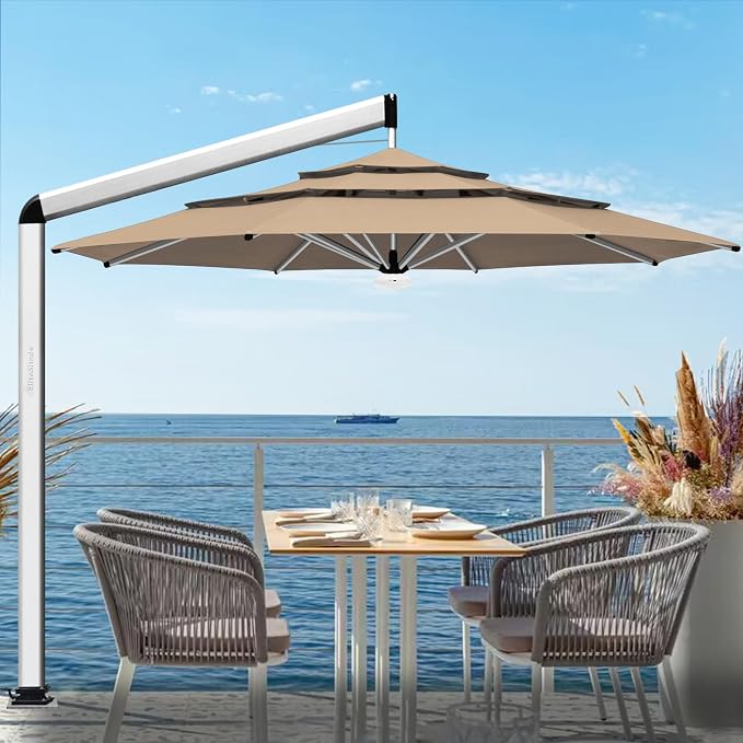 EliteShade USA Atlas 3-Tier 11FT Full Aluminum Cantilever Patio Umbrella for Outdoor restaurant Garden Courtyard Deck Pool and Marketing with Light,Heather Beige