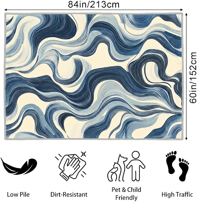 Blue and White Wave Area Rug 5x7 Modern Wavy Stripes Rugs for Living Room