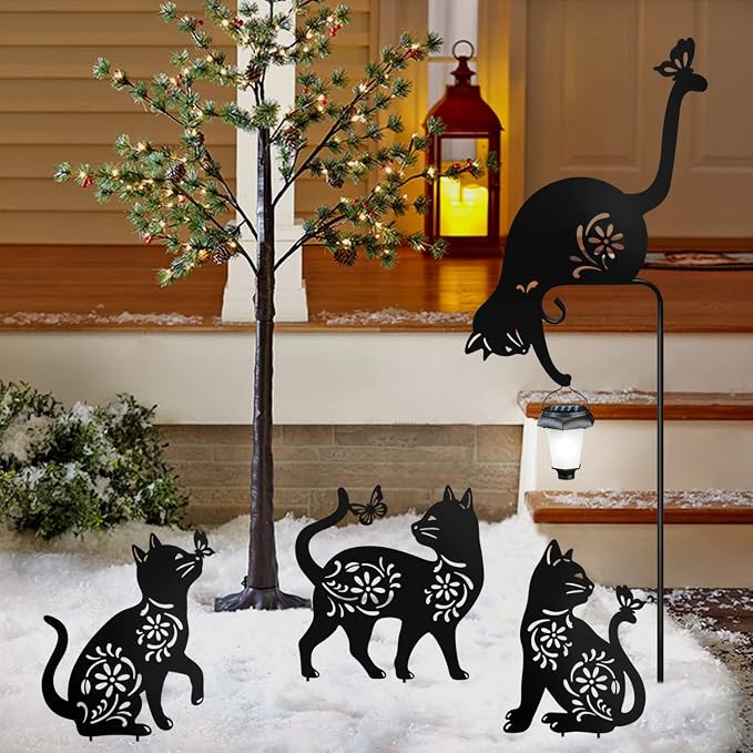 Cat Holding Solar Lantern Garden Stakes Outdoor Metal Cat Stakes Decorative Garden Stakes Suitable for Yard and Lawns(Cats Decor Garden Stake)