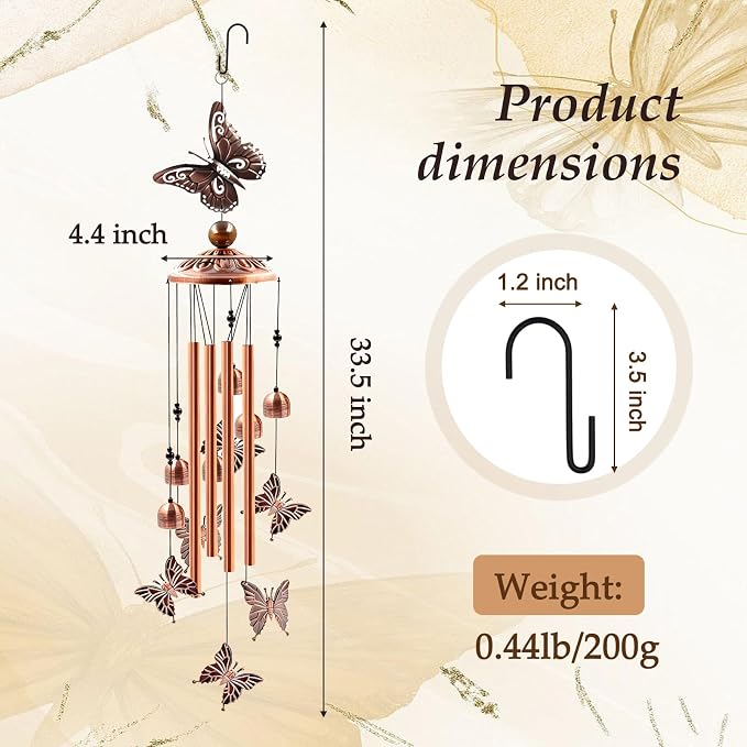 Wind Chimes for Outside, Butterflies Aluminum Tube Wind Chimes with S Hook, Patio Porch Garden Decor, Housewarming Gift for Mother’s Day Women Mom Grandma Sister