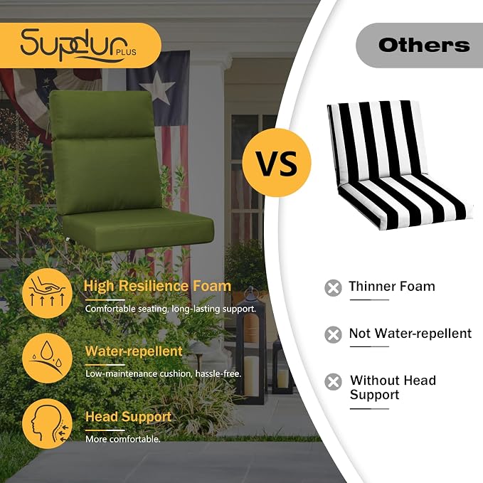 Outdoor High Back Chair Cushion, 2 Pack 44x21 inches Patio Chair Cushions Water Repellent Rocking Cushions Indoor Furniture Seat Pad, Deep Forest Green