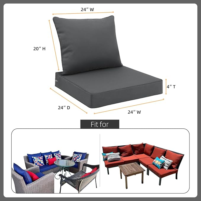 Favoyard Outdoor Seat Cushion Set 24 x 24 Inch Waterproof & Fade Resistant Patio Furniture Cushions with Removable Cover Deep Seat & Back Cushion with Tie Straps for Chair Sofa Couch
