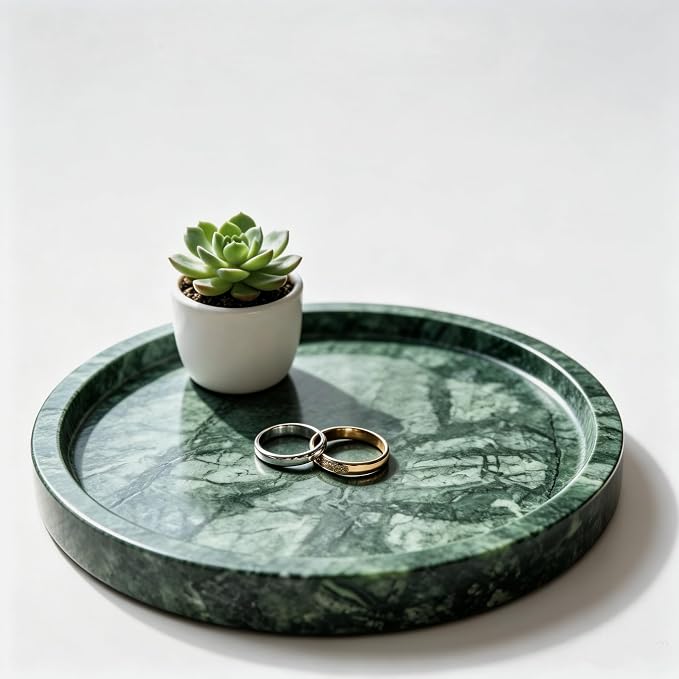 Natural Marble Tray, 9.45" x 0.99" Round Marble Vanity Tray, Marble Ring Dish for Bathroom, Jewelry Tray, Coffee Table,Sink Storage Holder Organizer, Bedside Table,Home Decor,Green (NS055)