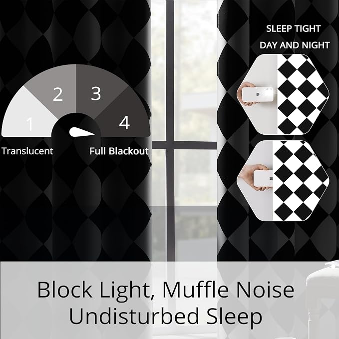 Black and White Diamond Pattern Blackout Curtains for Living Room, Modern Geometric Window Drapes, 100% Light Blocking Curtains for Bedroom, Grommet Top 52 x 63 Inches, 2 Panels
