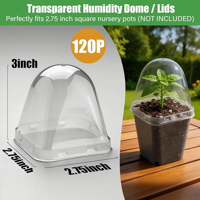 RooTrimmer 120 Pack Clear Humidity Domes, Transparent Seedling Domes Compatible with 2.7 Inch Square Nursery Pots for Seedlings