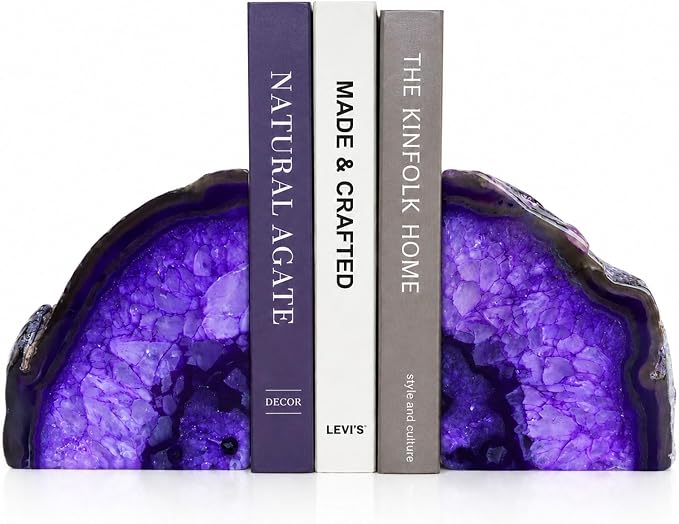 Natural Purple Dyed Agate Geode Bookends - 3 to 4 lb Heavy Duty Rock Crystal Stone Book Ends for Shelves, with Rubber Bumpers, Decorative Book Holders for Home Office