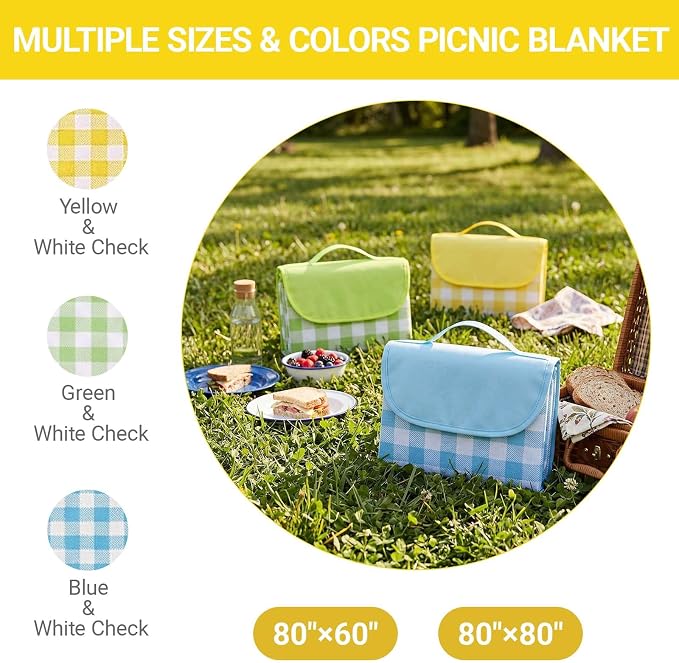 Waterproof Foldable Picnic Blanket Outdoor with Carry Strap,80"X60" Extra Large Beach Blanket Sandproof,Portable Soft Gingham Picnic Mat for Camping Travel Hiking Family Concerts Park(Yellow)