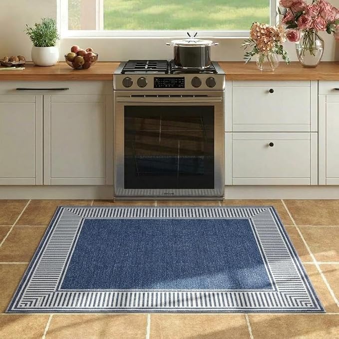 GarveeHome Washable 2x3 Entryway Area Rug Non Slip Small Door Mat | Modern Solid Color Living Room Bedroom Small Rugs Bordered Mat for Bathroom Kitchen Nursery, Blue