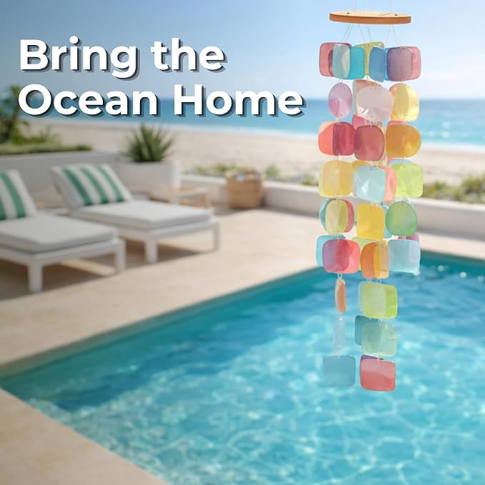 Solange & Frances Colorful Beachy Home Decor Wind Chimes for Outside. Capiz Shell Wind Chimes, Relaxing Beach Gift for Women, Gifts for Mom and Birthday Gifts for Women
