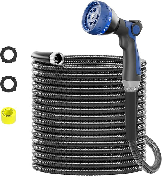 SPECILITE 100ft 304 Stainless Steel Garden Hose Metal, Heavy Duty Water Pipe with Nozzles for Yard, Outdoor - Flexible, Never Kink & Tangle, Puncture Resistant (Black)
