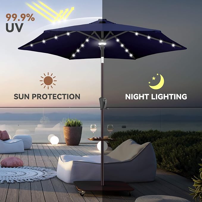 7.5ft Solar Umbrella Outdoor - Lighted Solar Patio Umbrella with 24 LED Lights Waterproof UV Protection, Table Umbrella with Tilt for Pool, Porch, Garden, Deck, Backyard (Navy Blue)