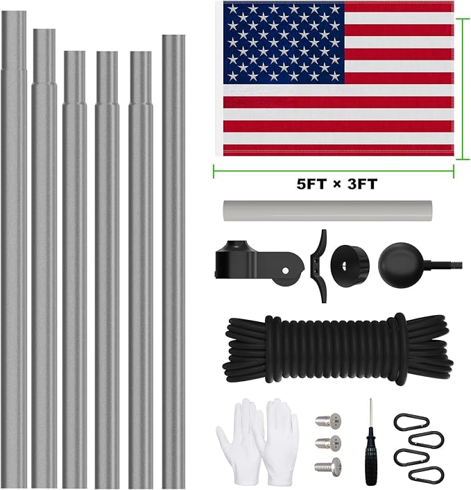 Flag Pole for Outside House, 25 FT Heavy Duty 45K PSI & 95 HBW Hard Aerospace Aluminum Flagpole Kit, Unbending Outdoor In-Ground Flag Poles with 3x5 American Flag for Yard, Residential or Commercial