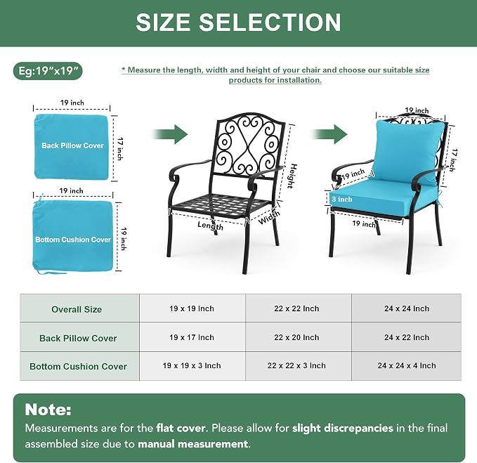 Summsun Waterproof Outdoor Cushions for Patio Furniture, Fade Resistant Backrest and Deep Seat Cushion Set with Removable Cover, 24 x 24 Inch, Teal, 1 Set