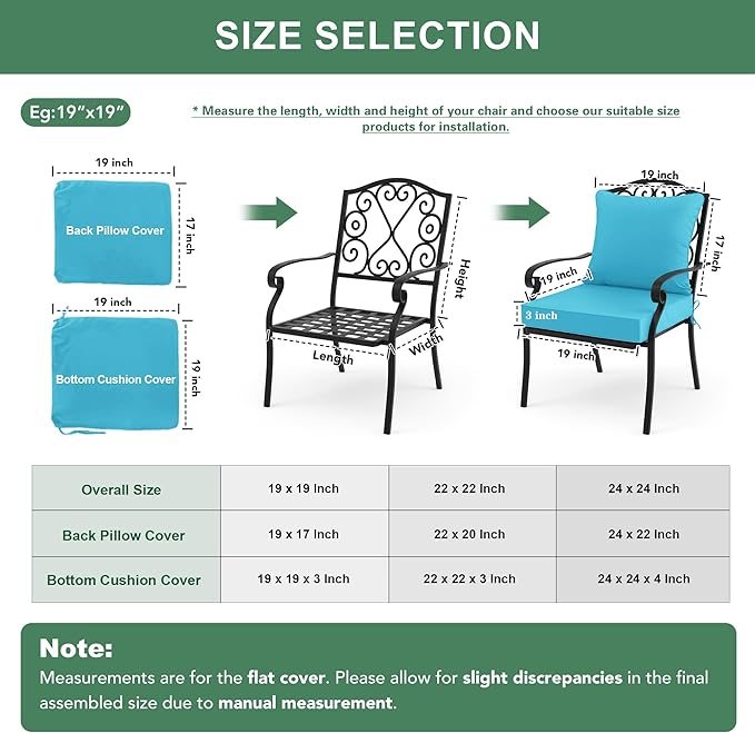 Summsun Outdoor Backrest and Deep Seat Cushion Set, Waterproof Fade Resistant Patio Chair Furniture Cushion with Removable Cover, 22 x 22 Inch, Teal, 1 Set