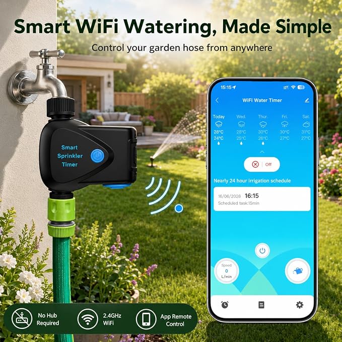 WiFi Water Timer with Built-in Flow Meter, Smart Garden Hose Controller, No Hub Required, 2.4GHz App Remote Control, Timed & Volume Watering, Rain Delay, IP65 Waterproof for Lawn Garden Greenhouse