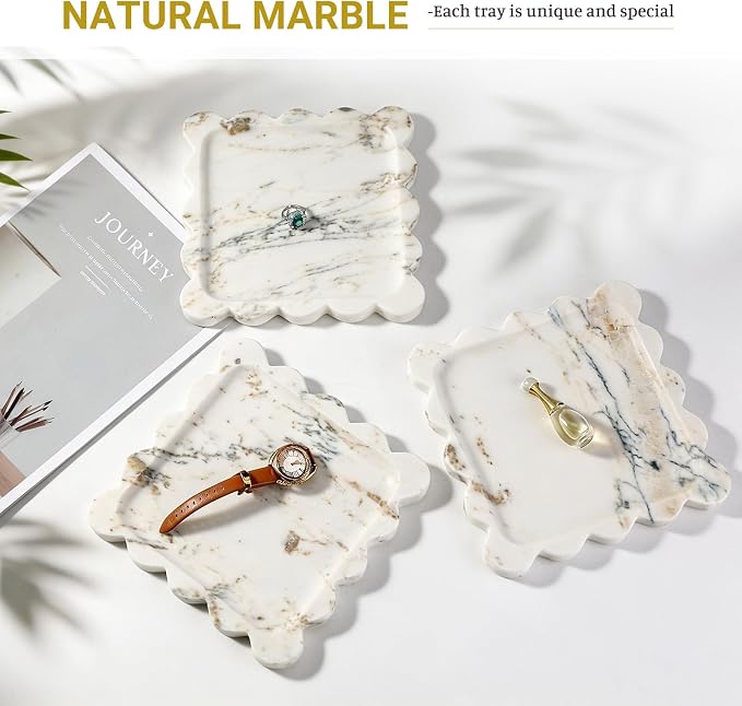 Karibiber Calacatta Marble Tray, 8in White Small Scalloped Tray, Decorative Trinket Dish, Premium Square Bathroom Vanity Tray for Earrings Rings Necklaces, Unique Stone Jewelry Dish Gift