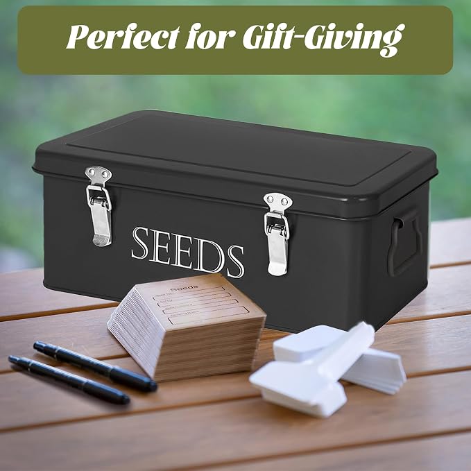 Ecopark Seed Storage Box, Professional All-in-one Kit with 2 Pens, 20 Plant Labels and 50 Seed Envelopes, Metal Storage Organizer, Saving Box, Seed Packet Container, Large, Black
