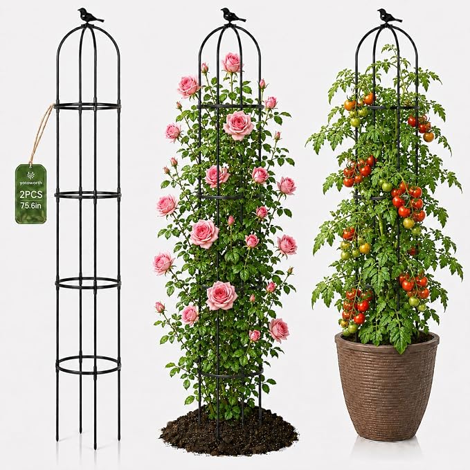 Garden Obelisk Trellis for Climbing Plants Outdoor, 6.3 ft Tall Rose Trellis Climbing Plants Support for Potted Light Vine Flower Vegetable Cucumber Trellis Raised Garden Bed, Black, 2PCS