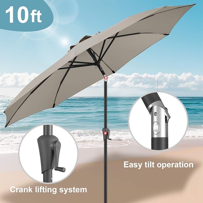 FLAME&SHADE 10 ft Outdoor Market Patio Table Umbrella with Fiberglass Rib Tips and Tilt, Taupe