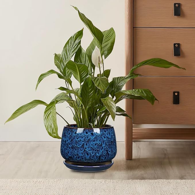 GnFlus Blue Ceramic Planter Pots with Drainage Holes, Set of 2 7''+5'' Saucers Large Round Plant Pot for Indoor-Outdoor Plants, Succulent Orchid Flower