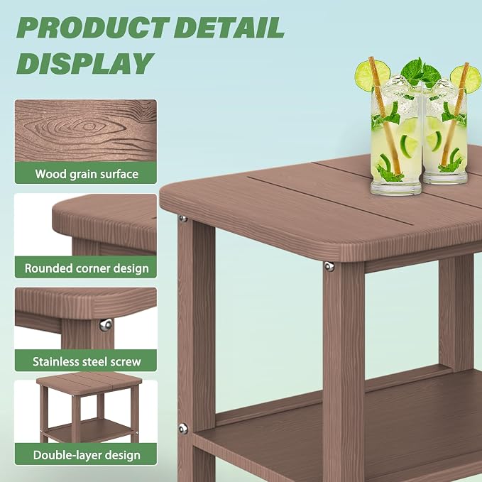 Patio Side Table, Small Rectangular HDPE Adirondack End Table for Outdoor Use in Pool, Garden, Lawn, Backyard,Brown