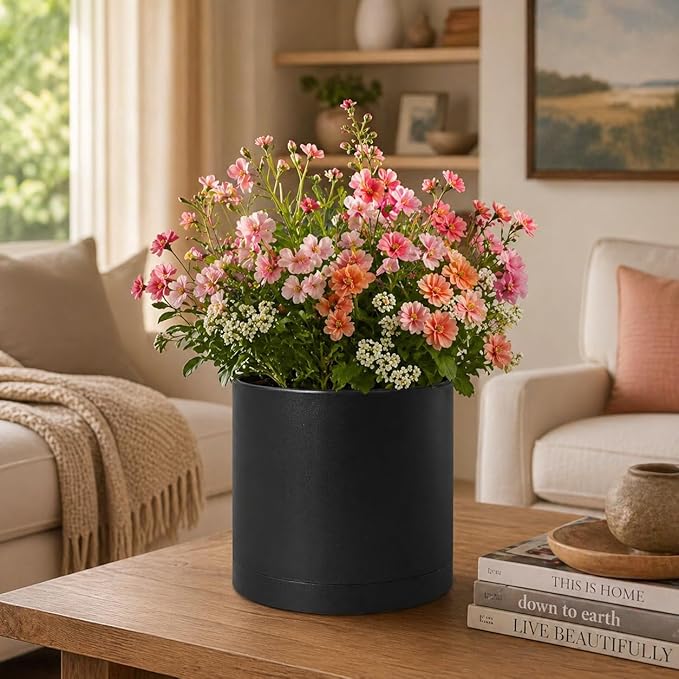 Giraffe Creation 12 Inch Cylinder Plant Pot, Modern Round Planter with Drainage Holes and Saucer, Lightweight Plastic Flower Pot for Indoor Outdoor Plants, Black
